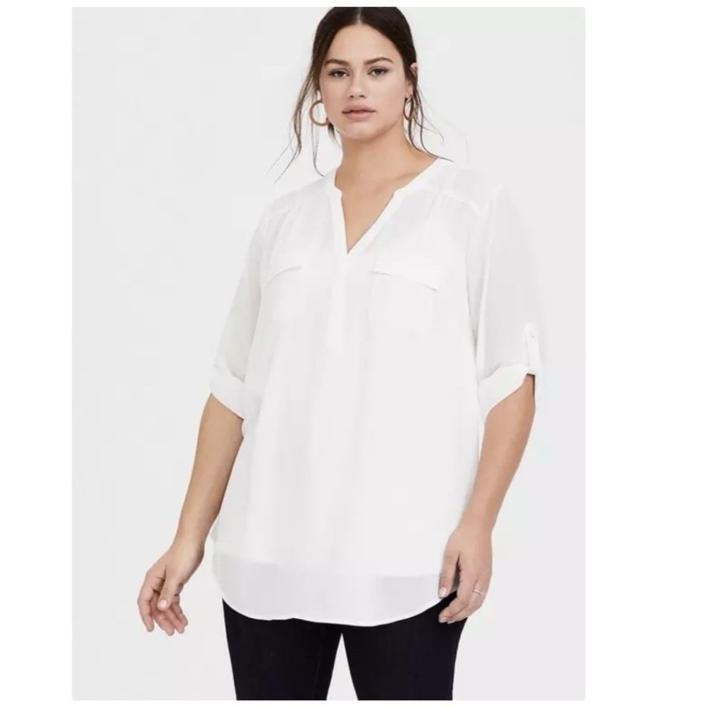 torrid White V-Neck Roll-Sleeve Blouse